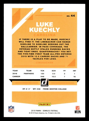 2019 Donruss #44 LUKE KUECHLY Stat Line Purple SP #d 31/130! PANTHERS - Picture 2 of 2
