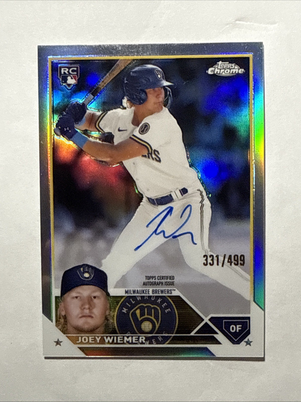 Joey Wiemer 2023 Topps Chrome RC Refractor AUTO /499 #RA-JW BREWERS