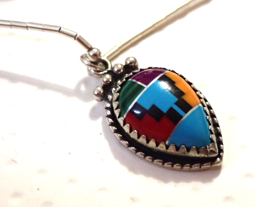 Conjunto de collar y pendientes de plata líquida con incrustaciones de mosaico de gemas de turquesa de 16" EE. UU. - Imagen 4 de 14