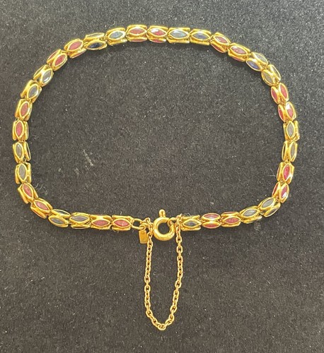 18k yg RUBY SAPPHIRE MARQUIS LINK BRACELET VINTAGE YELLOW GOLD - Picture 4 of 9