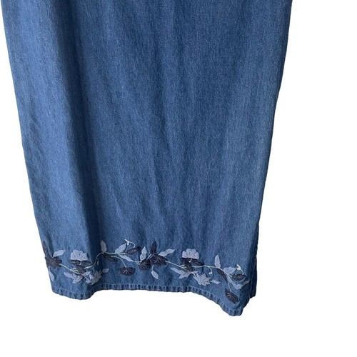 Erika Vintage 90s Women Size XL Denim Embroidered Side Button Floral Maxi Dress - Picture 3 of 9