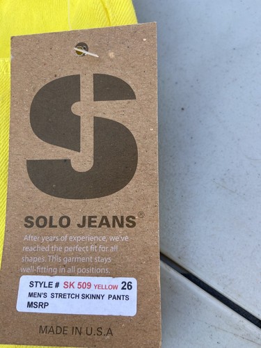 Jeans Solo Unisex Amarillo Brillante Denim 98% Algodón Hecho en EE. UU. Talla 26 **NUEVO - Imagen 5 de 7