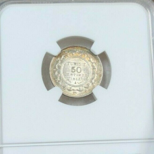 1916 TUNISIA SILVER 50 CENTIMES 50C MUHAMMAD AL NASIR NGC MS 63 BRIGHT BEAUTY - Picture 2 of 5