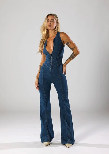 Women Backless Denim Jumpsuit Heart Cutout Sleeveless Bodycon One-Piece Outfits