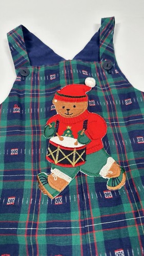 Christmas Baby Toddler Overall Plaid Blue Green Bear Vintage Size 24 M Cotton - Picture 2 of 8