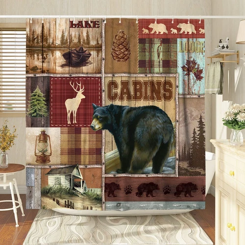 Cabin Bear Lake Deer Lodge Forest Fabric Shower Curtain, Modern Rustic, 72"x 72"