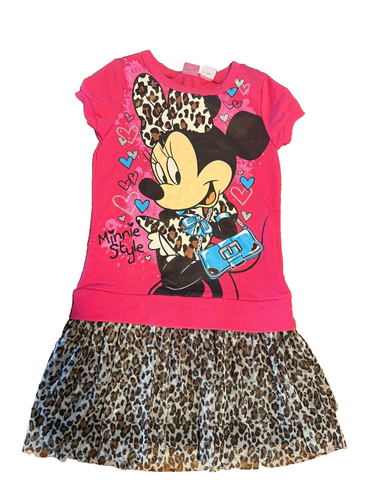 Disney Girls Minnie Mouse Pink Leopard Ruffle Skirt Dress Short Sleeve sz 7/8 - Picture 1 of 4