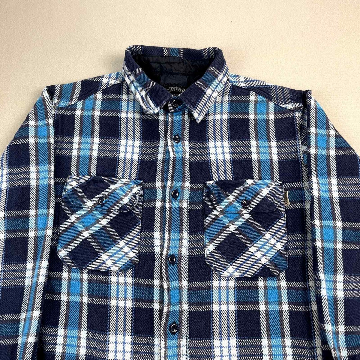 Vintage Stussy Flannel Shirt Adult Medium Navy Blue Plaid