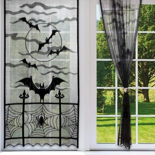 Halloween Black Bat Spider Curtains for Doorway Decoration Sheer Lace Short - Bild 12 von 19