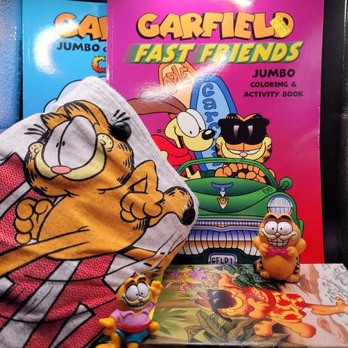 Vintage Garfield Cat Lot: Shirt, VHS, 2 Coloring Books, 2Figurines & Trinket Box - Picture 1 of 22