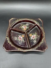 Vintage Redware Brown Divided Bowl Japan Hand Painted Flower Floral Relish Dish