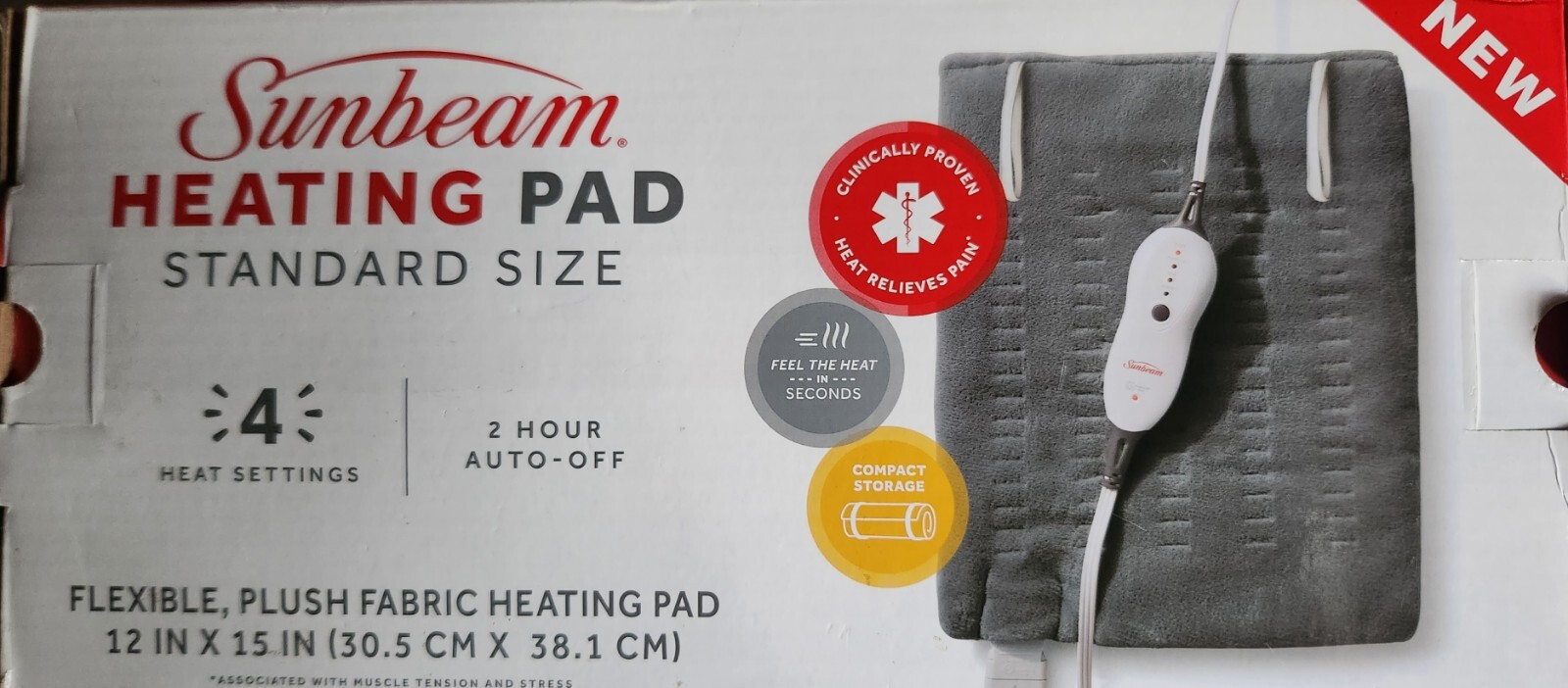 Sunbeam Heating Pad Standard Size w/4 Heat Settings, 2hr AutoOff, 12in