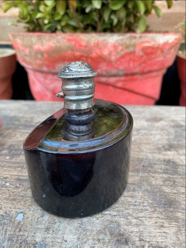 Old Rare Antique Black Color Perfume Bottle Brass Floral Cap Empty - Picture 5 of 12