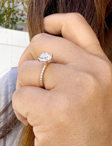 14K ROSE GOLD ROUND MOISSANITE AND ROUND CUT SIDES ENGAGEMENT RING 2.70CTW - Picture 7 of 16