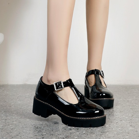 Women Chunky Heels Platform T Strap Pumps Preppy Style Round Toe Mary Jane Shoes