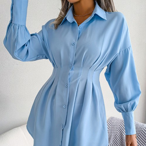 Women Mini Shirt Dress Long Puff Sleeve Button Down Pleated Casual Shirt Dress - Bild 5 von 20