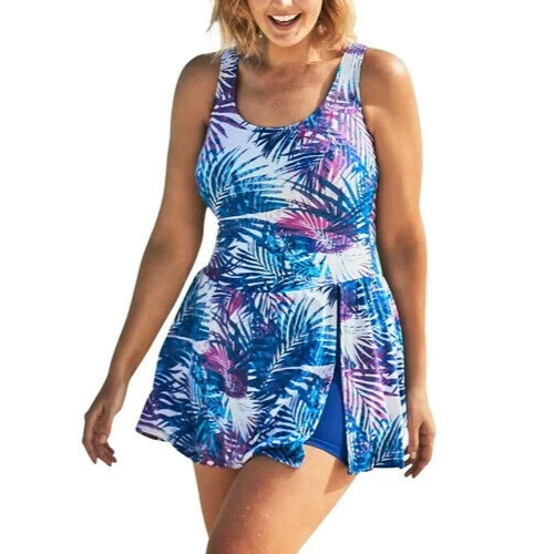 Badeanzüge für alle Seitenschlitz Badekleid Mehrfarbig Blätter Damen Übergröße 22