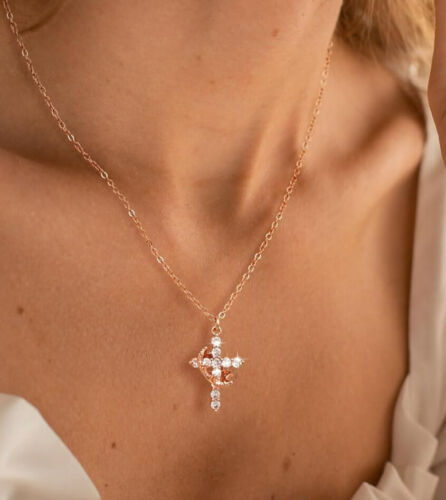 14k Gold Cross Necklace for Women,Cubic Zirconia Crown Cross Pendant Necklaces - Picture 14 of 18