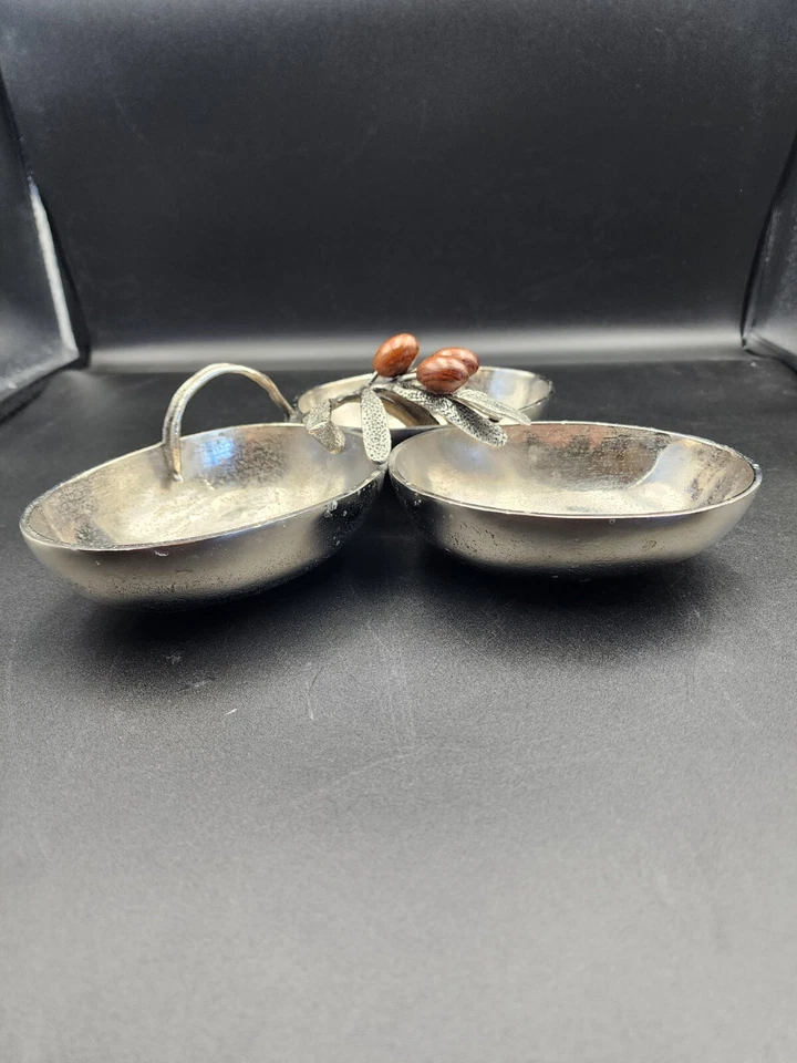 Mudpie Olive Branch Triple Section Nut Candy Dip Appetizer Aluminum Wood Olives - Image 3 of 4