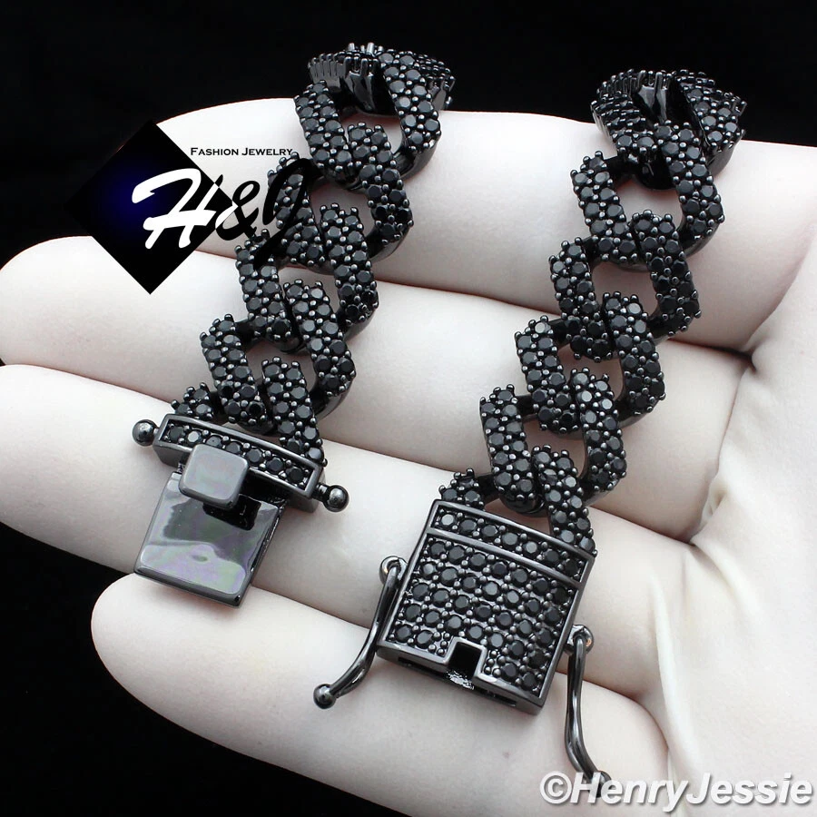 16-30"MEN 14K BLACK GOLD PLATED ICY BLACK CZ 14MM MIAMI CUBAN CURB NECKLACE*BBN6 - Image 2 of 4