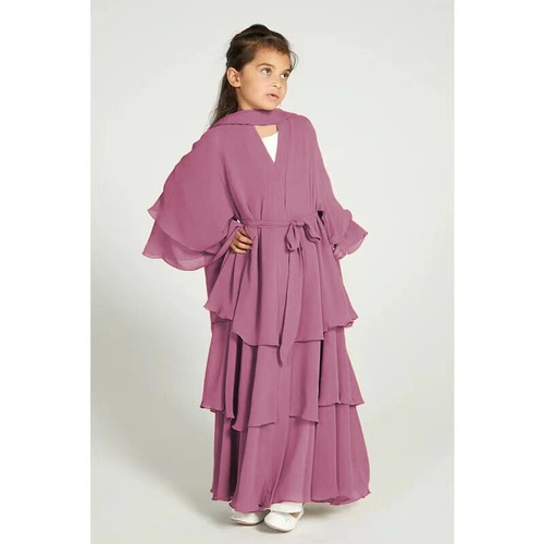 Girls Arab Muslim Solid Color Chiffon Tie Dress Flare Sleeve Ramadan Robe - Picture 21 of 22