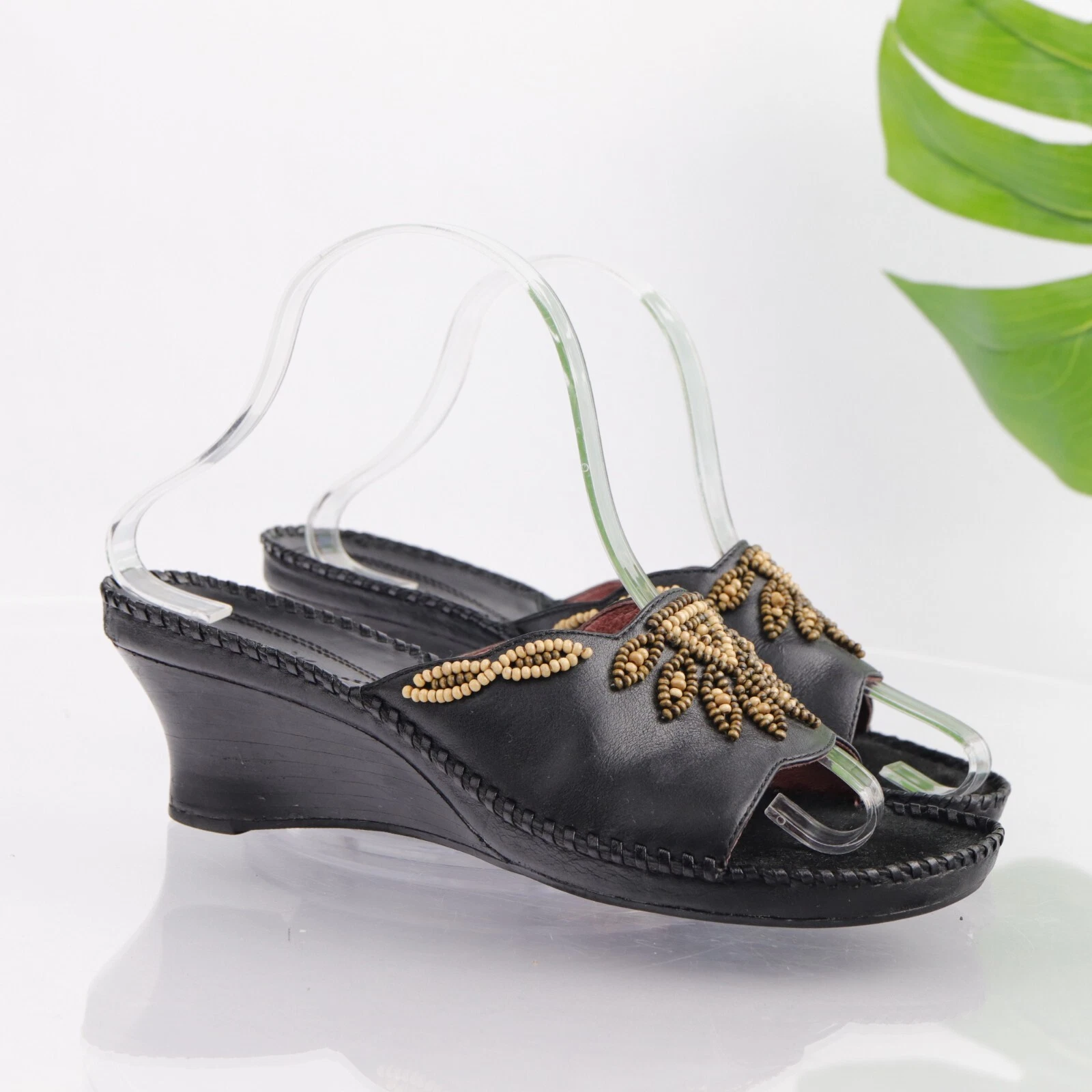 Sandalo Clarks donna nero in pelle taglia 8 tacco a zeppa slide boho perline artistiche