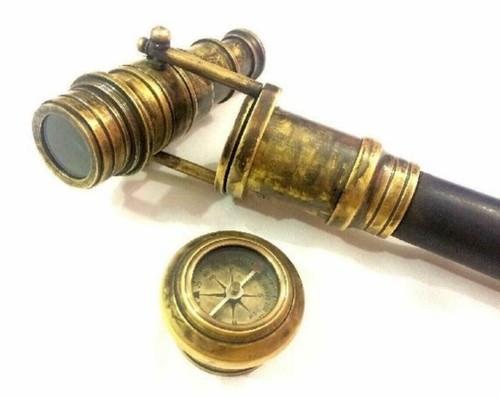 Nautical Victorian Look Compass Stick Cane gift Telescope Wooden Antique - Picture 9 of 9