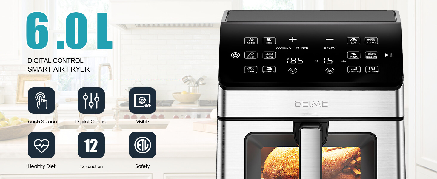 6L 1700W Heißluftfritteuse Fritteuse Heißluft Digitale Edelstahl Air Fryer XXL