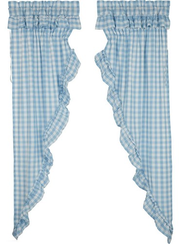 Blue Gingham Ruffled Prairie Curtains Country Farmhouse Annie Buffalo Check - Picture 9 of 9