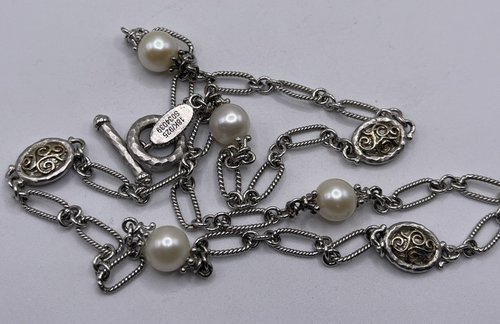 Gabriel & Co Sterling Silver/18kt Yellow Gold Pearl Scroll Necklace 20” - Picture 4 of 10