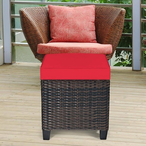 Costway Ottoman 16"x16"x18" Wicker Outdoor w/Red Cushion Waterproof (2-Pack) - Picture 3 of 4