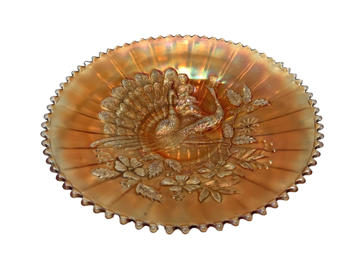 CARNIVAL GLASS IRIDESCENT BRIGHT ORANGE ELEGANT PEACOCKS ON A FENCE VINTAGE BOWL - Picture 6 of 6