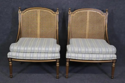 Pair of French Louis XVI Style Black and Gold Cane Back Bergeres, Lounge Chairs - Picture 2 of 14