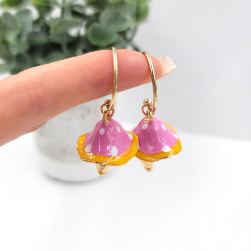 Mushroom Pink Orange Green Enamel Gold Tone "C" Post Hoop Dangle Earrings - Picture 2 of 12