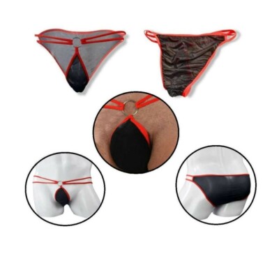 Männer Unterhose Mit Ring Und Schnüren Herren Transparent Slip Schwarz Elastisch