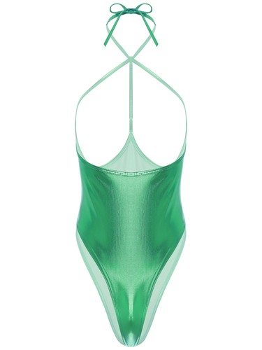Women's Nightwear Metallic Leotard Shiny Bodysuit Open Breast Sleepwear Halter - Picture 27 of 135