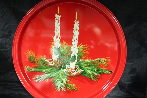 Vitage Metal Tin Christmas Round Serving Snack Tray White Candles Pine red - Picture 4 of 4