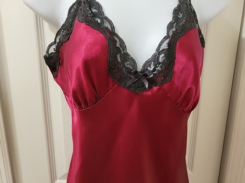 Adonna 2 Pc Satin Kimono Robe & Chemise Deep Red Black Lace Trim Womens Medium - Picture 7 of 21
