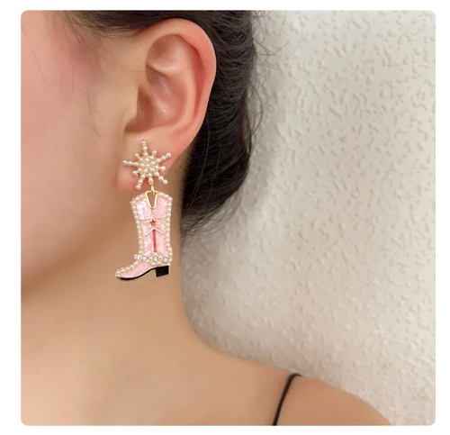 NEW Pink Cowgirl Boots Pearl Embellished Rhinestone Western Bling Glam Earrings - Picture 3 of 5