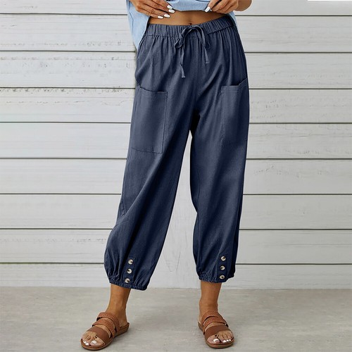 Womens Cotton Linen Cropped Harem Pants Summer Combat Cargo Wide Leg Trousers - Picture 27 of 30