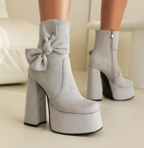 Botas de plataforma para mujer en la mitad de la pantorrilla 14 cm zapatos de tacón alto moño cremallera punta redonda - Imagen 18 de 26