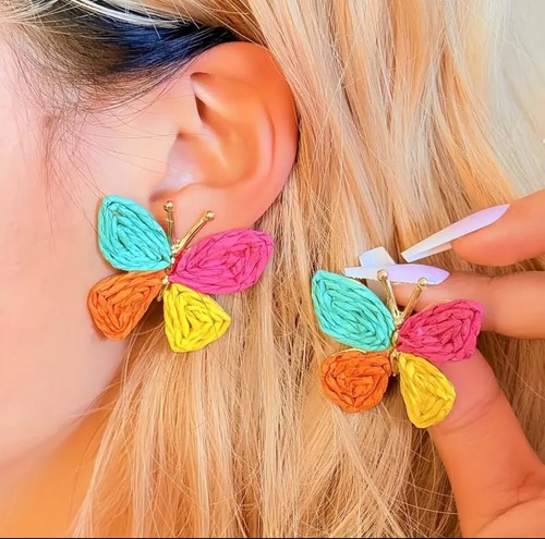 Handmade Raffia Stud Earrings Flowers Butterfly Style Rattan Colourful Jewellery - Picture 14 of 19