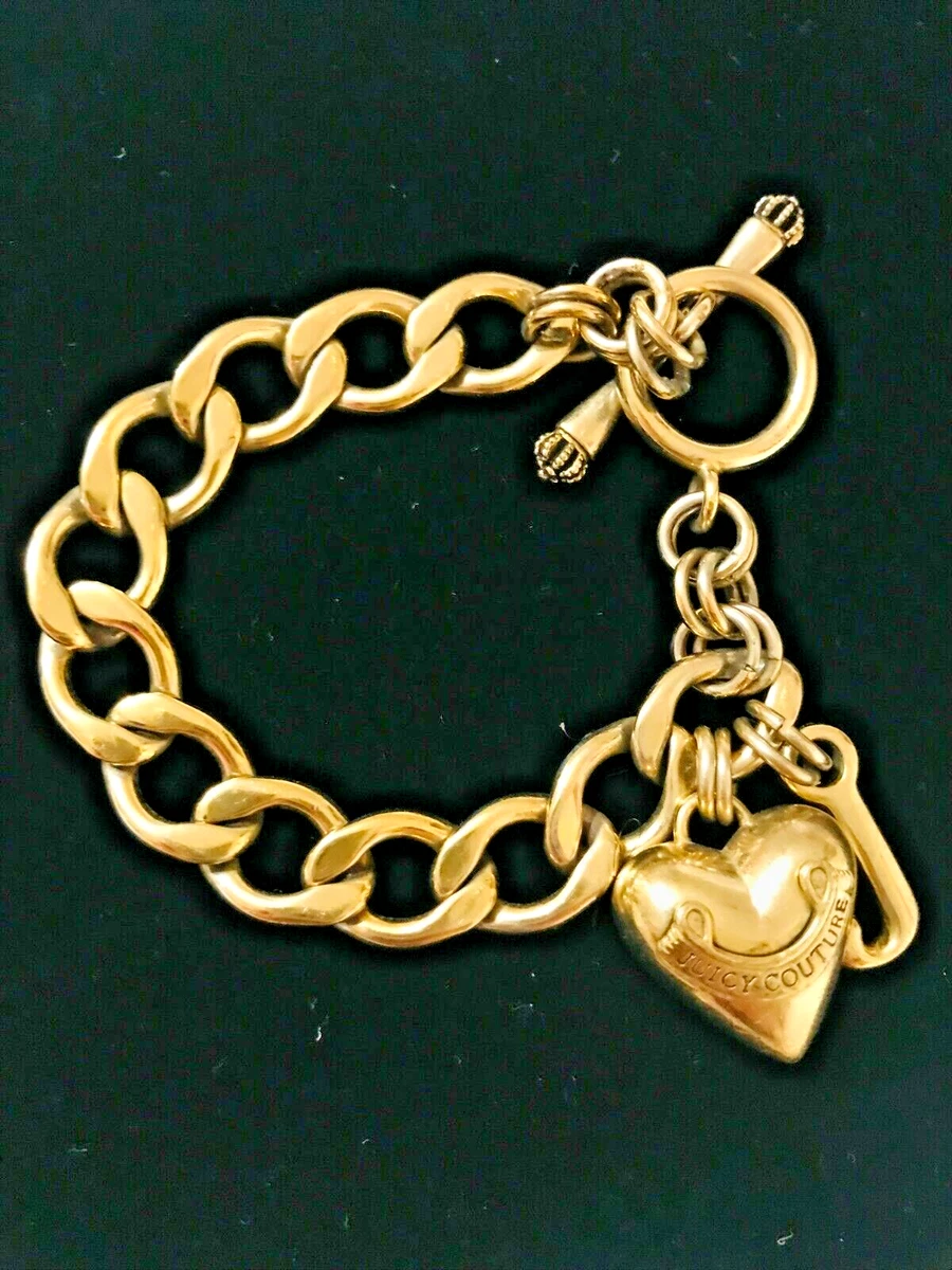 JUICY COUTURE BRACELET HEART CHARM GOLD TONE PUFFY HEART AND J TOGGLE CLASP  7