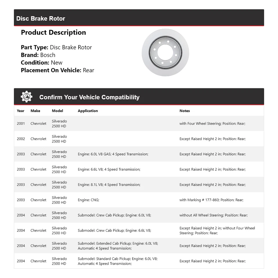 Rotor de freno de disco trasero Bosch QuietCast 2001-2004 Chevrolet Silverado 2500 HD Foto 2 de 4