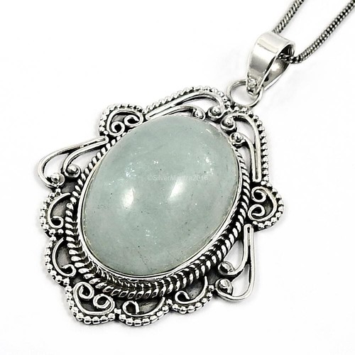 Ovalado Natural Aguamarina 925 Plata de Ley Único Cumpleaños Nuevo Colgante Joya - Imagen 4 de 8
