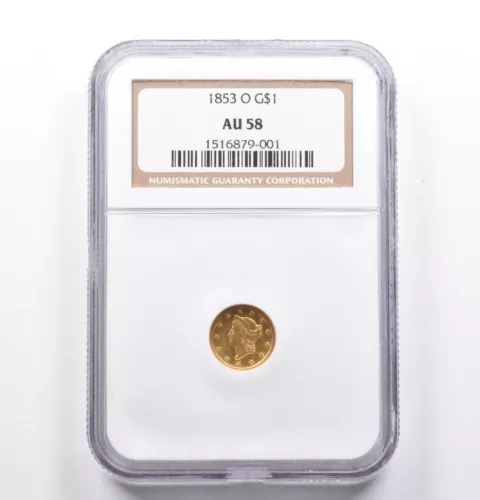AU58 1853-O $1 Liberty Head Gold Dollar Piece NGC *1076