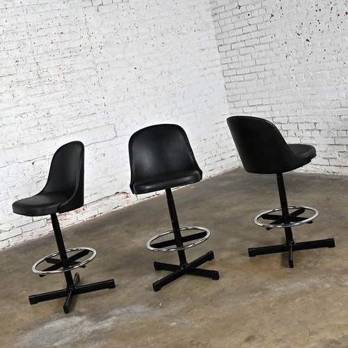 3 MCM Samsonite Black Vinyl Faux Leather & Chrome Bar Counter Stools Adjustable - Picture 11 of 14