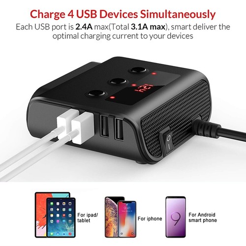 3 Way 12V 24V Multi Socket Car Cigarette Lighter Splitter USB Charger Adapter - Picture 9 of 12