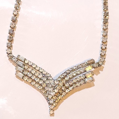 Vintage Rhinestone Necklace Wedding Bride Clear Crystal Prom Formal Y2K Chevron - Picture 9 of 16