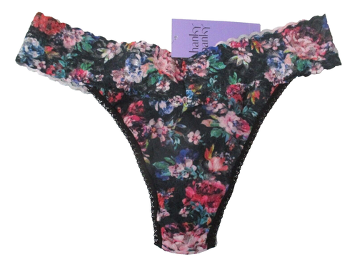 HANKY PANKY ONE SIZE OS THONG 4811 ORIGINAL RISE PINK BLACK FLORAL NYLON PANTIES